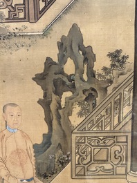 Chinese School: 'Vibrant court scene with an emperor', ink and colour on silk, 18th C.