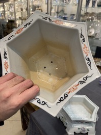 A pair of Chinese famille rose 'Wu Shuang Pu' hexagonal jardini&egrave;res on stands, Republic