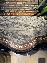 A finely carved Chinese hongmu console table with marble top and mother-of-pearl inlay, Canton, 19th C.