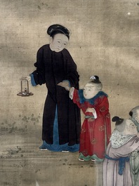 Chinese School: 'Vibrant court scene with an emperor', ink and colour on silk, 18th C.