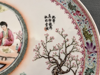 A pair of Chinese famille rose 'Xi Xiang Ji' plates, Qianlong mark, 20th C.