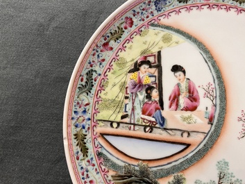 A pair of Chinese famille rose 'Xi Xiang Ji' plates, Qianlong mark, 20th C.