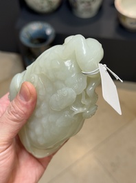 A Chinese white jade 'monkey and lingzhi' brush washer, 19/20th C.
