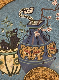 A large Chinese cloisonn&eacute; ruyi-shaped plaque with antiquities, 19/20th C.