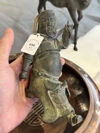 A Vietnamese bronze brush washer on stand and a Chinese bronze warrior on horseback, 19th C.
