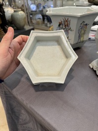 A pair of Chinese famille rose 'Wu Shuang Pu' hexagonal jardini&egrave;res on stands, Republic
