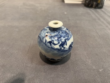 A Chinese blue, white and copper-red 'monkeys' snuff bottle, Yongzheng mark, 19th C.