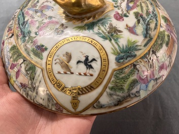 A pair of Chinese Canton famille rose armorial tureens, inner bowls and covers with the arms of Clerke, 19th C.