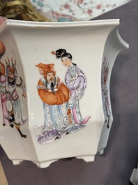 A pair of Chinese famille rose 'Wu Shuang Pu' hexagonal jardini&egrave;res on stands, Republic