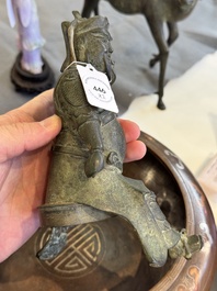A Vietnamese bronze brush washer on stand and a Chinese bronze warrior on horseback, 19th C.