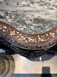 A finely carved Chinese hongmu console table with marble top and mother-of-pearl inlay, Canton, 19th C.