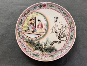 A pair of Chinese famille rose 'Xi Xiang Ji' plates, Qianlong mark, 20th C.