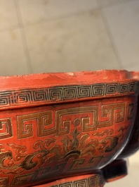A Chinese red lacquer box and cover with floral design, 19/20th C.
