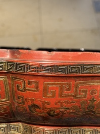 A Chinese red lacquer box and cover with floral design, 19/20th C.