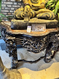 A finely carved Chinese hongmu console table with marble top and mother-of-pearl inlay, Canton, 19th C.