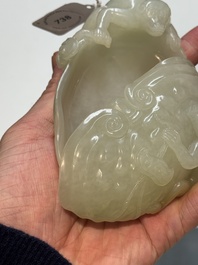 A Chinese white jade 'monkey and lingzhi' brush washer, 19/20th C.
