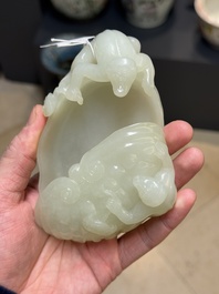 A Chinese white jade 'monkey and lingzhi' brush washer, 19/20th C.