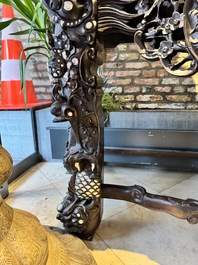 A finely carved Chinese hongmu console table with marble top and mother-of-pearl inlay, Canton, 19th C.