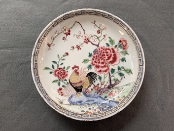 A Chinese famille rose 'rooster' plate and a bowl, Yongzheng