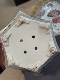 A pair of Chinese famille rose 'Wu Shuang Pu' hexagonal jardini&egrave;res on stands, Republic