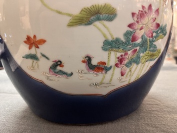 A fine Chinese blue-ground famille rose 'quails and peonies' jar and wooden cover, Qianlong