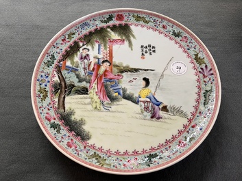 A pair of Chinese famille rose 'Xi Xiang Ji' plates, Qianlong mark, 20th C.