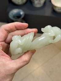 A Chinese white jade 'monkey and lingzhi' brush washer, 19/20th C.