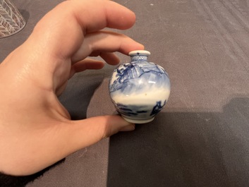 A Chinese blue, white and copper-red 'monkeys' snuff bottle, Yongzheng mark, 19th C.