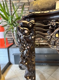 A finely carved Chinese hongmu console table with marble top and mother-of-pearl inlay, Canton, 19th C.