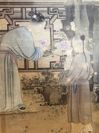 Chinese School: 'Vibrant court scene with an emperor', ink and colour on silk, 18th C.