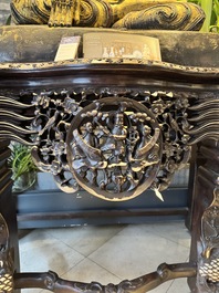 A finely carved Chinese hongmu console table with marble top and mother-of-pearl inlay, Canton, 19th C.
