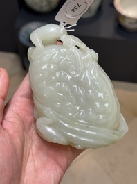 A Chinese white jade 'monkey and lingzhi' brush washer, 19/20th C.
