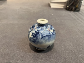 A Chinese blue, white and copper-red 'monkeys' snuff bottle, Yongzheng mark, 19th C.