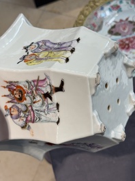 A pair of Chinese famille rose 'Wu Shuang Pu' hexagonal jardini&egrave;res on stands, Republic