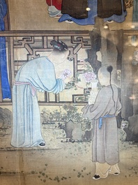 Chinese School: 'Vibrant court scene with an emperor', ink and colour on silk, 18th C.