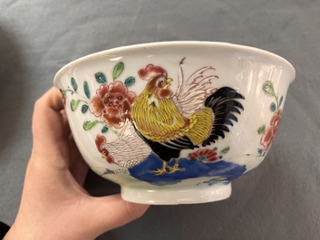 A Chinese famille rose 'rooster' plate and a bowl, Yongzheng