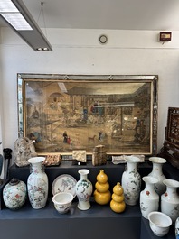 Chinese School: 'Vibrant court scene with an emperor', ink and colour on silk, 18th C.