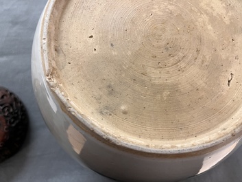 A Chinese famille rose 'Qi Lin Song Zi 麒麟送子' jar and wooden cover, Qianlong/Jiaqing