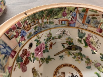 A pair of Chinese Canton famille rose armorial tureens, inner bowls and covers with the arms of Clerke, 19th C.