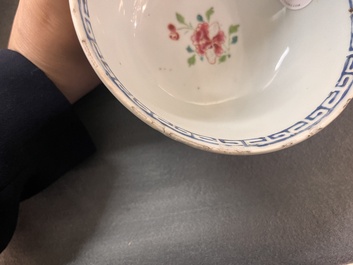 A Chinese famille rose 'rooster' plate and a bowl, Yongzheng