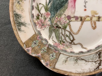 A Chinese famille rose 'parrot' plate and a turquoise-ground 'dragon' bowl, Daoguang mark and of the period