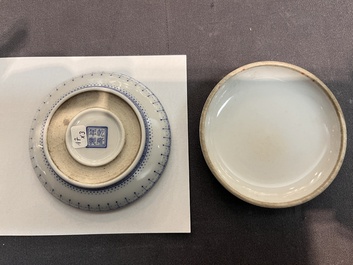 Three Chinese famille rose 'bird and flower' seal paste boxes, Qianlong mark, 20th C.