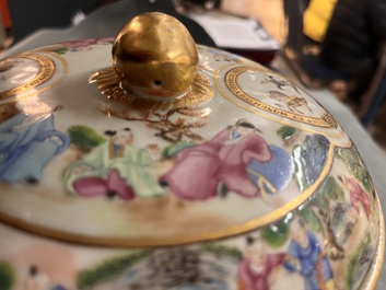 A pair of Chinese Canton famille rose armorial tureens, inner bowls and covers with the arms of Clerke, 19th C.