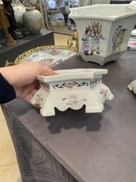A pair of Chinese famille rose 'Wu Shuang Pu' hexagonal jardini&egrave;res on stands, Republic