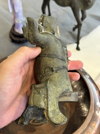 A Vietnamese bronze brush washer on stand and a Chinese bronze warrior on horseback, 19th C.