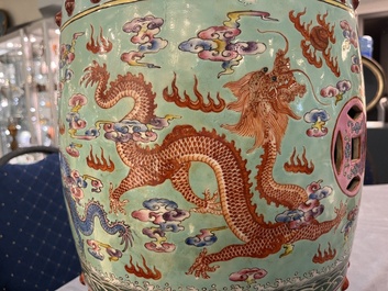 A pair of Chinese famille rose turquoise-ground 'dragon' garden seats, Republic