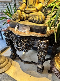 A finely carved Chinese hongmu console table with marble top and mother-of-pearl inlay, Canton, 19th C.