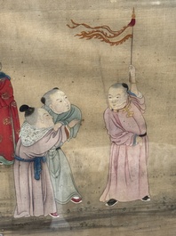 Chinese School: 'Vibrant court scene with an emperor', ink and colour on silk, 18th C.