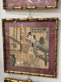 Chinese School: Nine 'erotic' paintings, ink and colour on silk, 19th C.