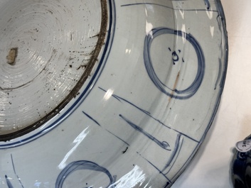 A large Chinese blue and white 'kraak' dish with geese among lotus flowers, Wanli
